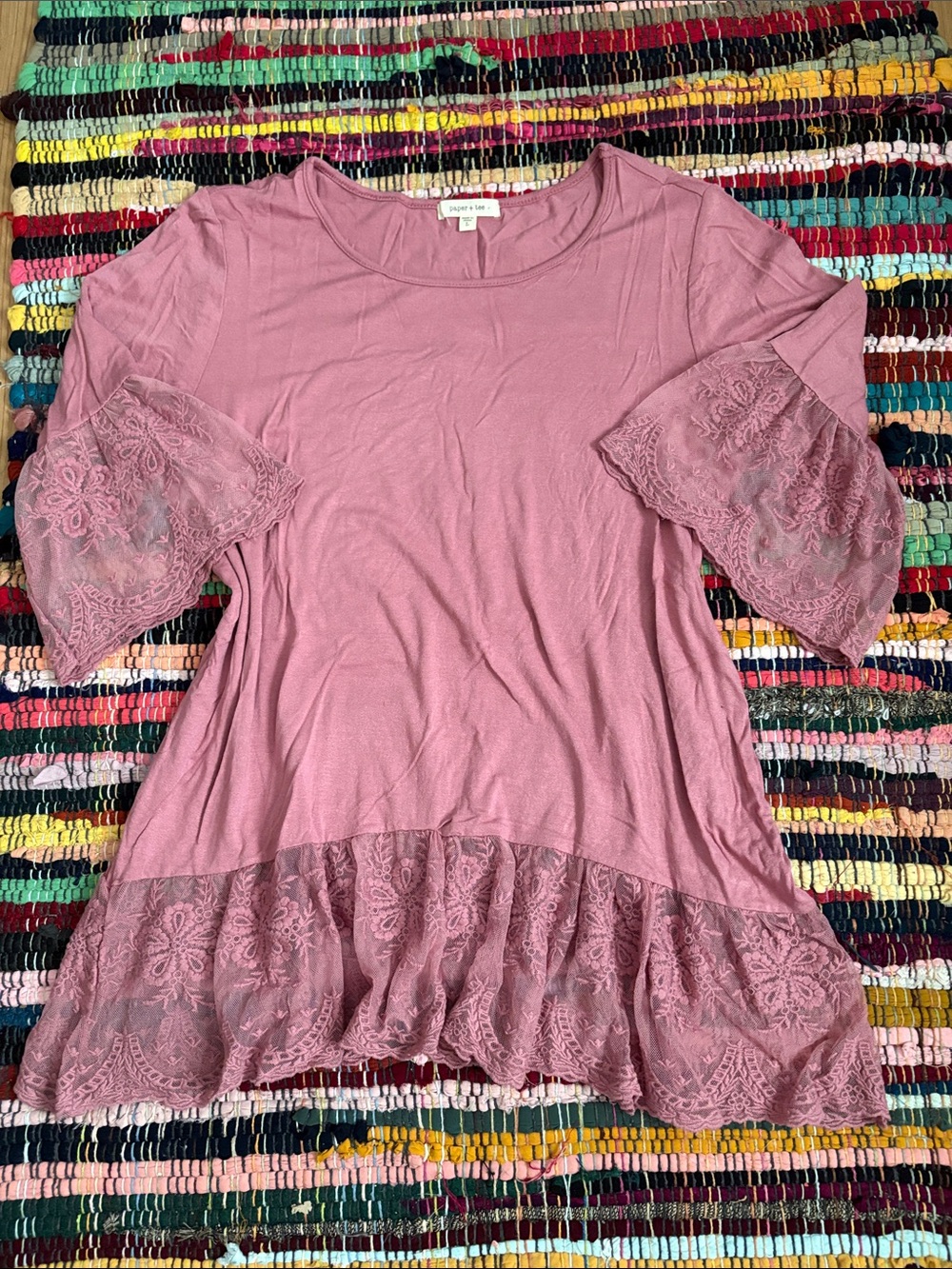 Paper Tee Dusty Rose Lace-Trim Scoop Neck Tunic